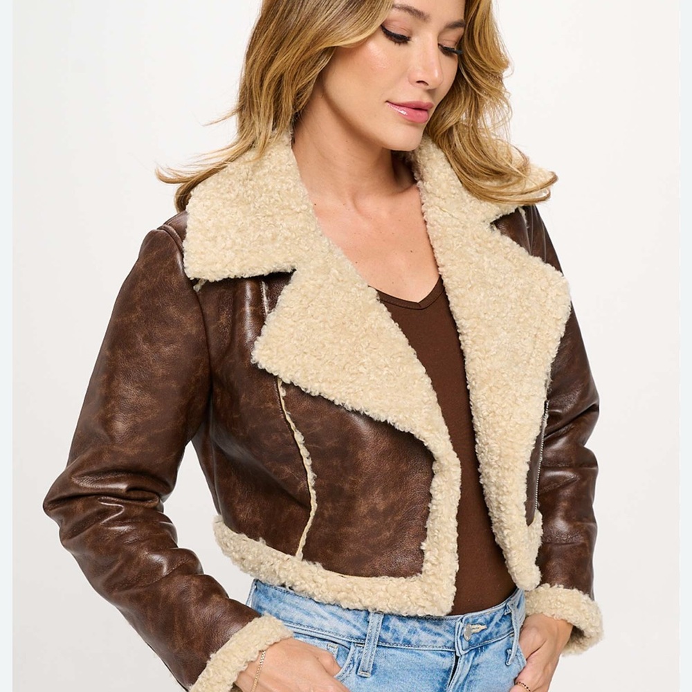 B. COATURE Women's Brown Teddy Jacket with Cream Accents